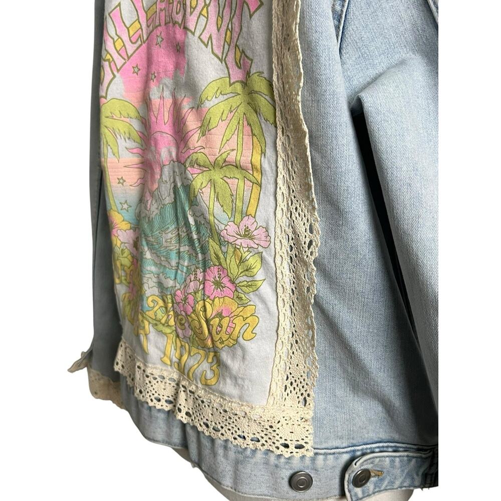 OOAK Upcycled Billabong Denim Jacket Womens XL Surf Boho Lace Patchwork - Picture 9 of 12
